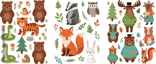 Cute forest animals and woodland characters collection with fox, bear, raccoon, deer and rabbit, autumn nature cartoon vector illustration isolated on white background