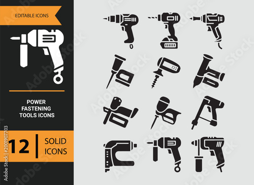 electric fastening devices glyph icons for powered assembly tools