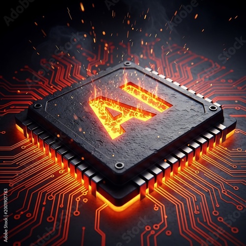 AI Chip Glowing with Energy on Circuit Board with Sparks Flying, Symbolizing Artificial Intelligence Technology and Innovation
