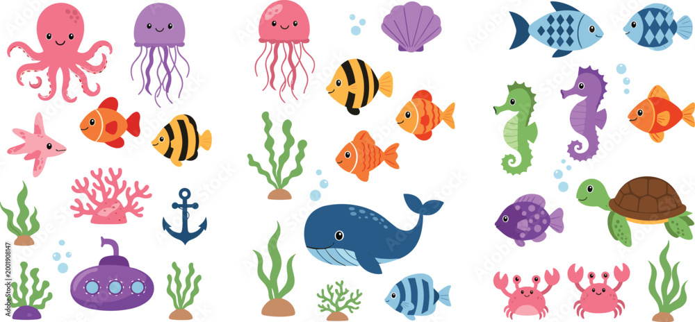 Obraz premium Cute ocean animals collection with fish, octopus, jellyfish, seahorse, turtle and whale, colorful marine life cartoon vector illustration isolated on white background