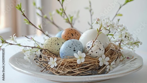 Easter nest with colorful spotted eggs and white spring blossom branches on plate. Traditional holiday centerpiece decoration for celebration in home interior.