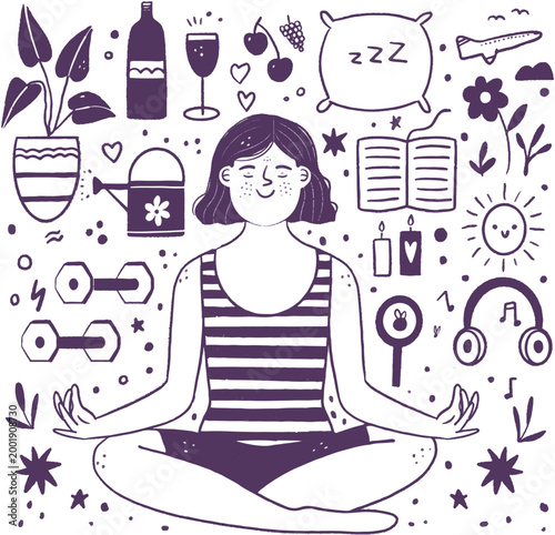 Relaxing meditation and yoga accessories icons for spa and massage center branding vector