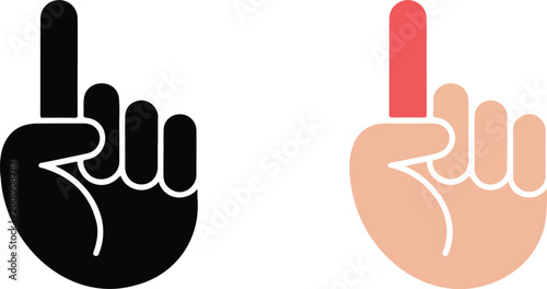 Pointing finger hand gesture vector icon set featuring index finger up in black silhouette and colorful flat styles isolated on white background.