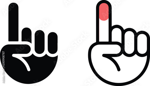 Pointing finger hand gesture vector icon set featuring index finger up in black silhouette and colorful flat styles isolated on white background.