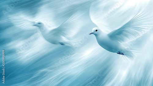 Two serene white doves gracefully glide through ethereal, light-streaked skies, symbolizing peace, freedom, and spiritual ascent amidst soft blue, dreamlike atmosphere.