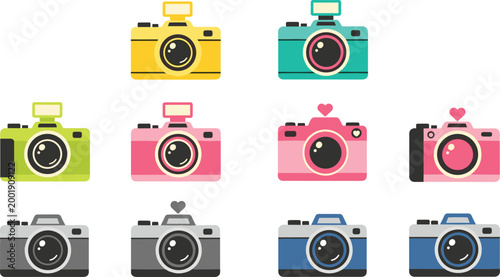 Cute retro camera collection with colorful photo devices, cartoon photography equipment set, vintage style vector illustration isolated on white background