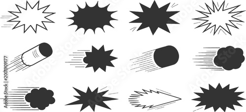 Set of solid black comic explosion bursts and action speed lines silhouettes vector illustration for pop art design.