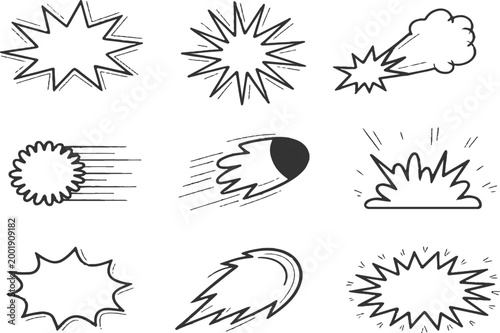 Collection of hand drawn comic explosion bursts and speed lines vector illustration set in black outline sketch style.