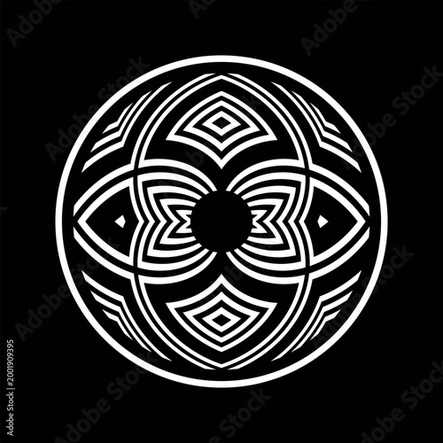 Symmetrical Circle White Design Element on Black Background. Abstract Icon. 