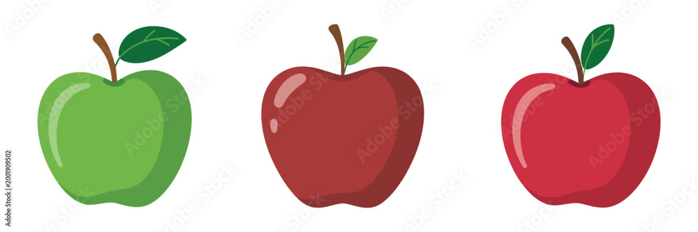Fototapeta premium Apple icon, red green yellow fruit symbols, flat design food graphics, isolated white background, vector illustration