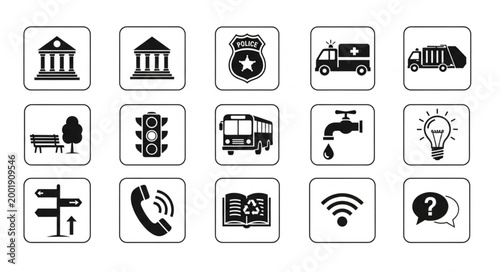 Collection of public service icons for city government and utilities.