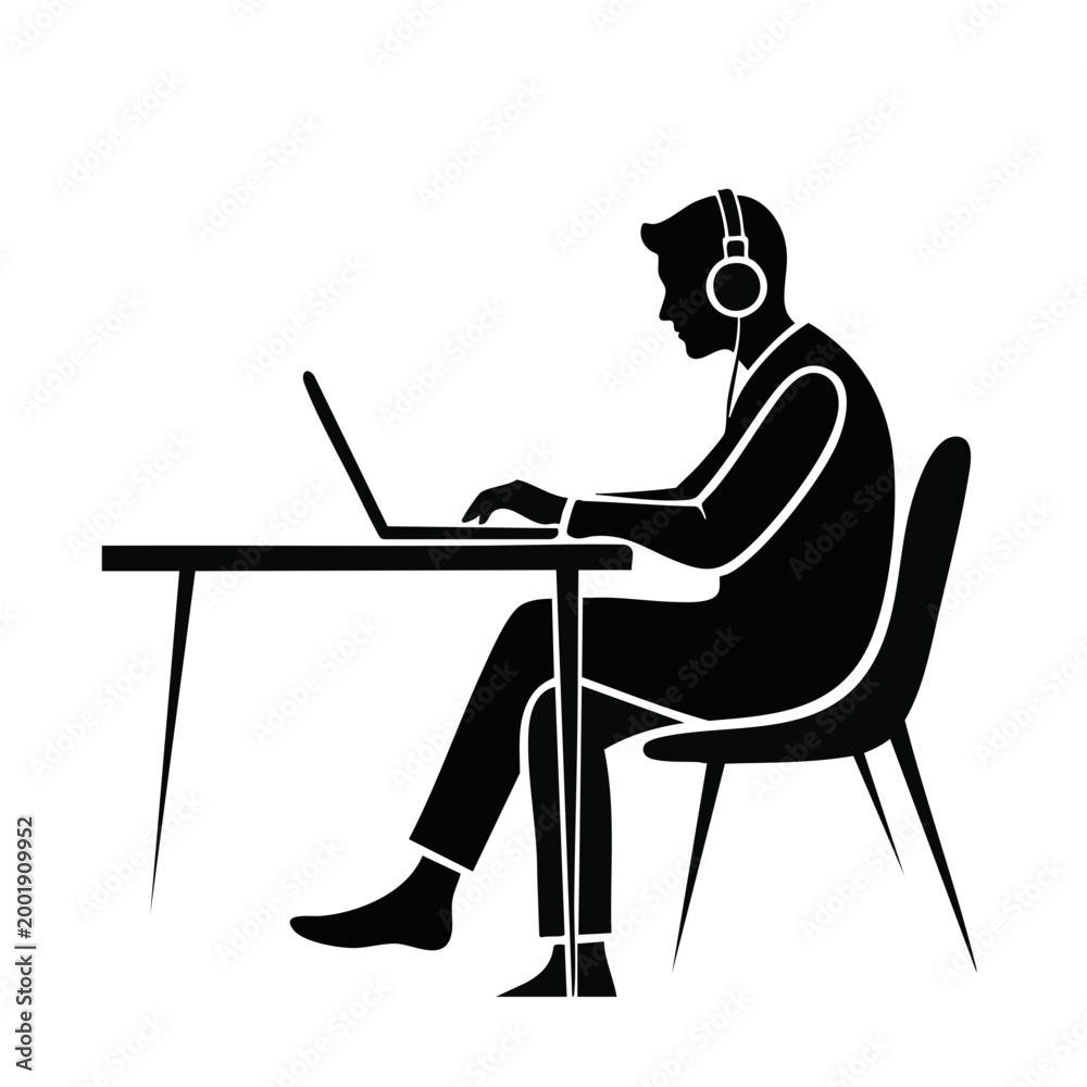 Fototapeta premium Man working on laptop with headphones. Remote work and online study silhouette vector illustration. Isolated on transparent background