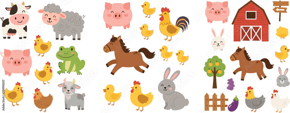 Fototapeta premium Farm animals collection with cow, pig, chicken, horse, sheep and barn, cute cartoon countryside vector illustration isolated on white background