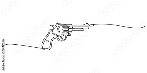 Continuous line drawing of a revolver pistol shooting