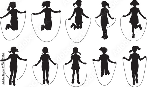 Kids Jump Rope Silhouette Set with Children Skipping Rope Exercise, Fitness Activity and Playful Outdoor Movement Vector Collection
