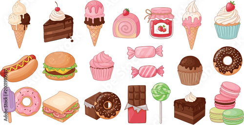 Fast food and desserts collection with burger, hotdog, cupcakes, donuts and candy, colorful sweet and snack cartoon vector illustration isolated on white background