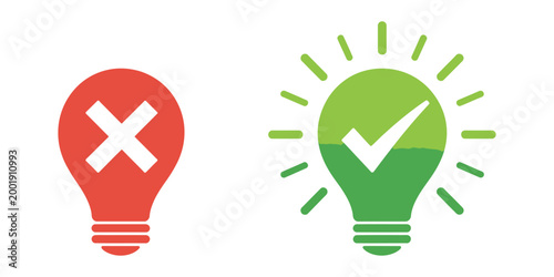 Bulb icon, check mark cross symbols, idea approval rejection graphics, decision evaluation concept, vector illustration