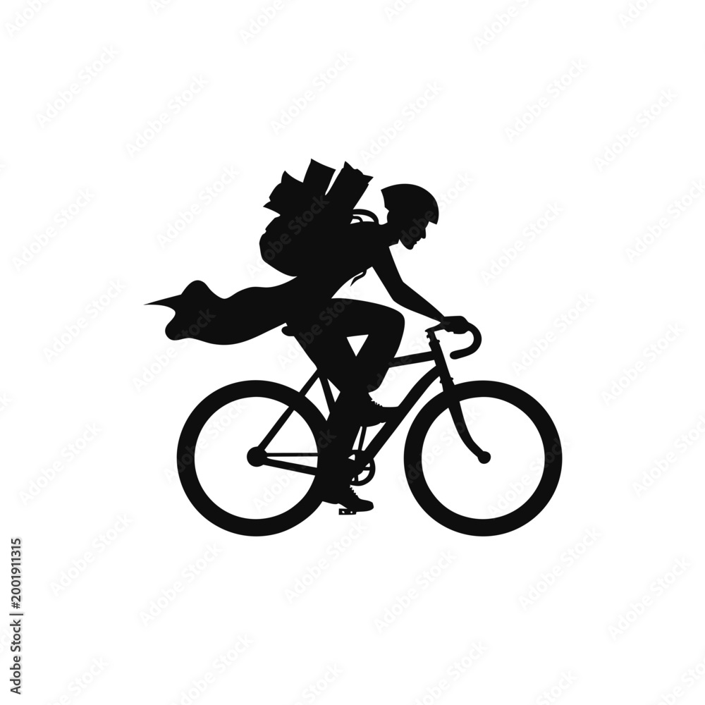 Obraz premium Black silhouette of delivery person riding bicycle, courier on bike, messenger with bag, urban transport icon
