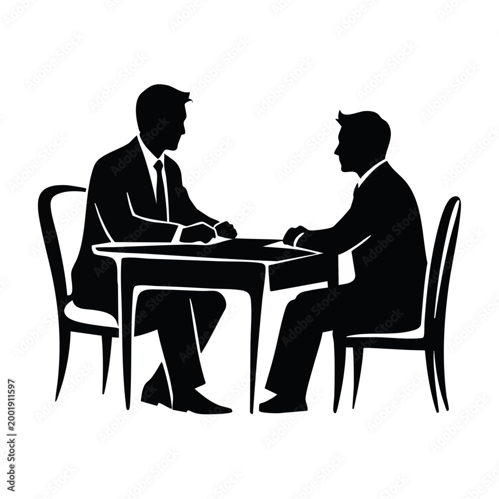Obraz premium Two businessmen meeting at a table. Corporate discussion and negotiation concept. Minimalist silhouette vector illustration isolated on transparent background