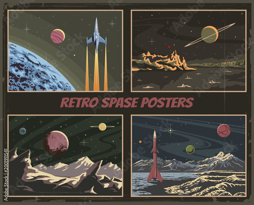 Retro Space Poster Set. Sci-Fi Illustrations with Rockets, Alien Planet Landscapes, Cosmic Panoramas. Retro Future Style Vector Posters