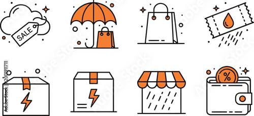 E commerce sale and delivery icons on white background set