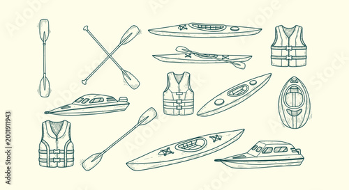 Vintage style sketch collection of kayaking equipment, paddles, life jackets and powerboats icons.