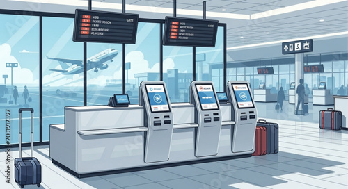 Modern Airport Check-in Counters with Digital Screens.