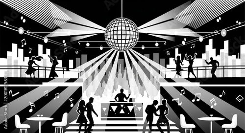 Nightclub Dance Floor Scene with Silhouettes and Disco Ball.