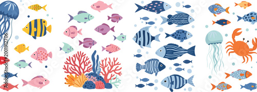 Ocean fish and coral reef collection with jellyfish, crab and marine life elements, colorful underwater animals cartoon vector illustration isolated on white background