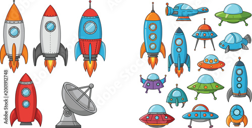 Retro rockets and UFO spaceships collection with satellites and space transport, colorful cartoon sci fi vector illustration set isolated on white background