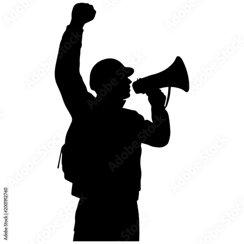 Silhouette of protester with megaphone and raised fist, black and white