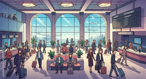 Modern Airport Terminal Interior with Passengers and Large Windows.