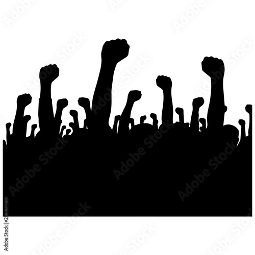 Protest crowd with raised fists, black and white silhouette, symbolizing activism