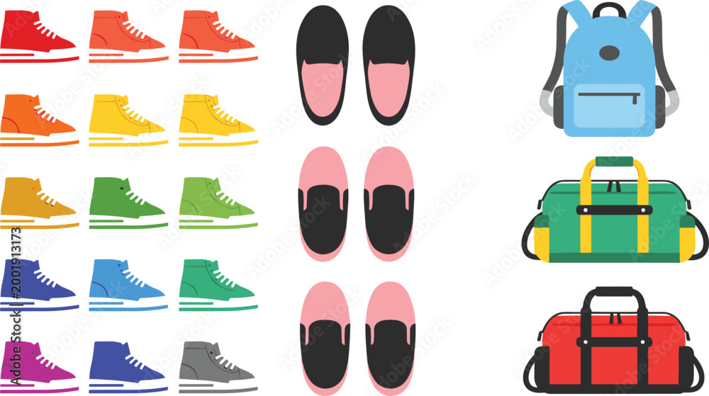 Fototapeta premium Sneakers and travel bags collection with colorful shoes, backpacks and duffel bags, modern lifestyle accessories set, flat vector illustration isolated on white background
