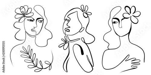 A set of abstract girls with flowers, drawn in single lines. Minimalistic