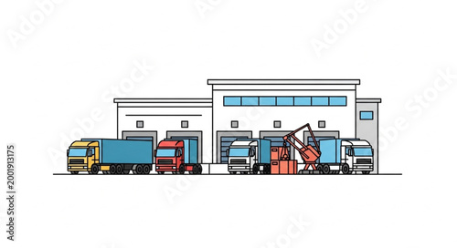 Tableau sur toile Line of Delivery Trucks Parked Outside Warehouse.