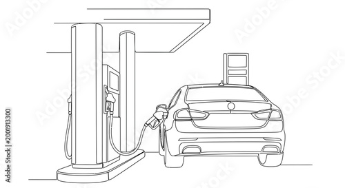 Car refueling at gas station pump.