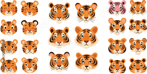 Tiger faces collection with different expressions and styles, cute and realistic big cat head set, wildlife animal vector illustration isolated on white background