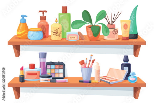Bathroom cosmetic shelf. Makeup shelves skincare beauty product, perfumery shower gel bath shampoo soap body skin care routine cream container accessories neat vector illustration