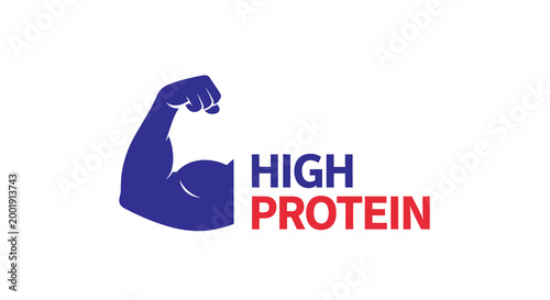 high protein logo with blue muscular arm silhouette