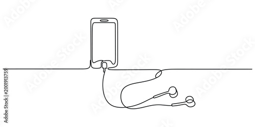 Continuous line drawing of smartphone and wired earphones