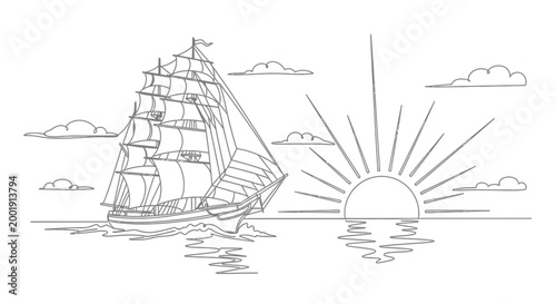 Sailing Ship on the Water Surface.