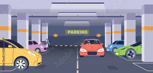 Underground car park. Vehicle parking, garage indoor mall basement reserved parking lots parked cars space with column city road urban building entrance classy vector illustration
