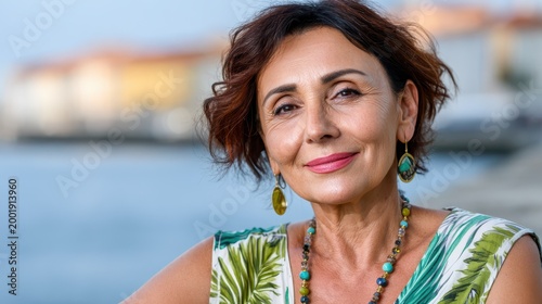 Mature woman with short brown hair smiles warmly, wearing a patterned tropical top and vibrant beaded jewelry. She stands by blue water with blurred buildings in the background during a bright day