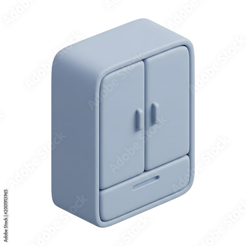 Isometric light blue 3d cartoon wardrobe with two doors and drawer isolated on transparent grid background