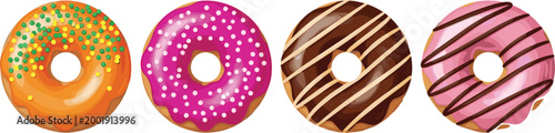 Colorful Donut Collection with Sprinkles, Glaze, and Chocolate Drizzle for Dessert, Bakery, and Sweet Treat Designs