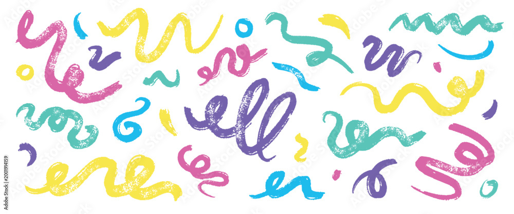 Obraz premium Crayon squiggles. Curly line, colorful squiggle pencil squiggly brush stroke curve wave bold thick rough abstract texture hand drawn doodle scribble qualitative vector illustration