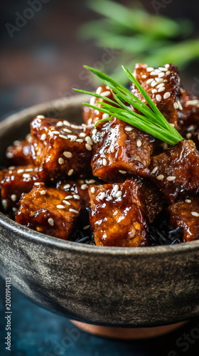 Glazed tofu cubes over black rice with green onions and sesame seeds. Asian-inspired vegetarian dish in dark bowl. Healthy plant-based meal concept for vegan cuisine and wellness. vertical format