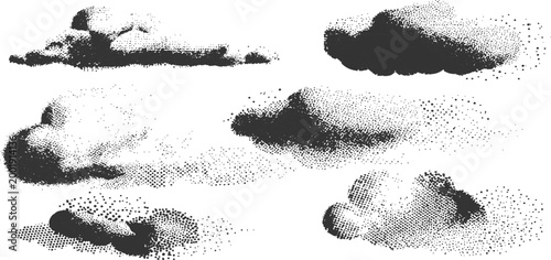 Set of vintage halftone stippled clouds vector illustration in black and white retro comic book style design.