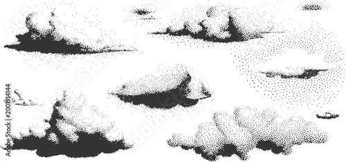 Set of vintage halftone stippled clouds vector illustration in black and white retro comic book style design.